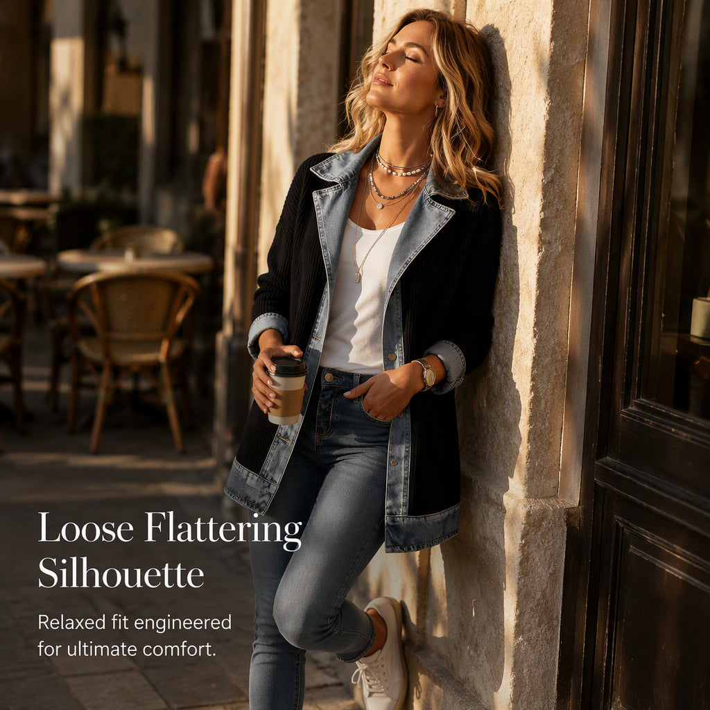 Women's Denim Patchwork Knit Cardigan Jacket