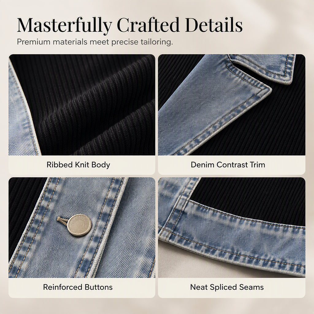 Women's Denim Patchwork Knit Cardigan Jacket