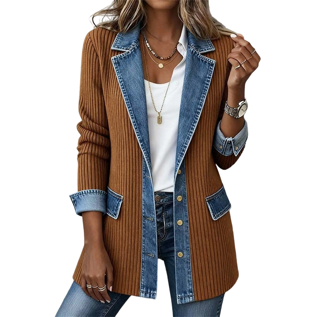 Women's Denim Patchwork Knit Cardigan Jacket